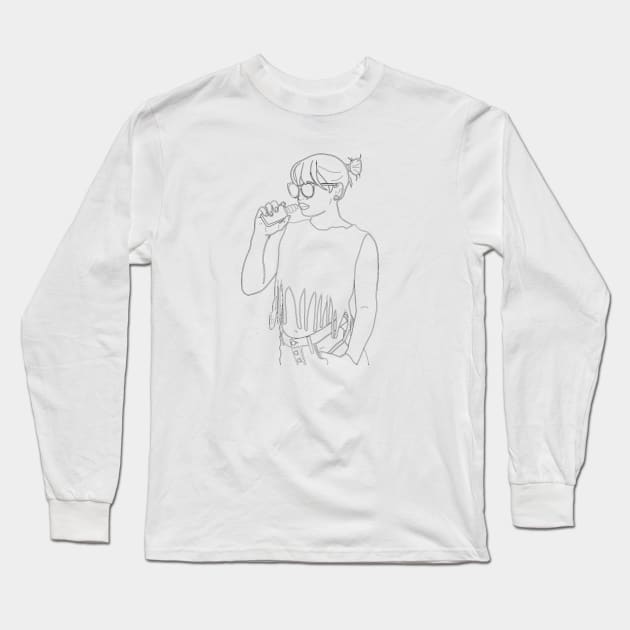 Fashionable girl in glasses smoking vape. Line art. Long Sleeve T-Shirt by Eshka